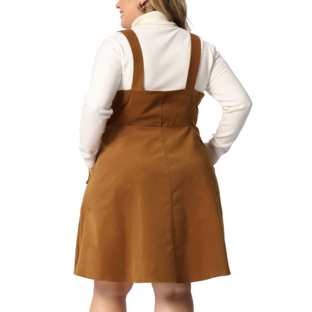 Corduroy Pinafore Plus Size Adjustable Strap Overall Dress Suspender Skirt Brown - Picture 4 of 6